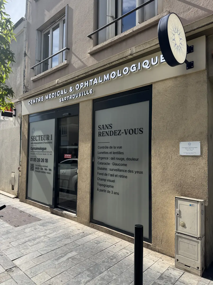 Devanture du centre au 32 avenue Jean Jaurès : enseigne lumineuse, panneau « secteur 1, sans dépassement d'honoraires » et liste des consultations sur la vitrine